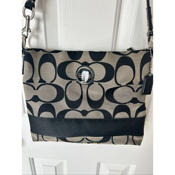 COACH CROSSBODY PURSE ~ Signature Stripe black and tan - Picture 3 of 8